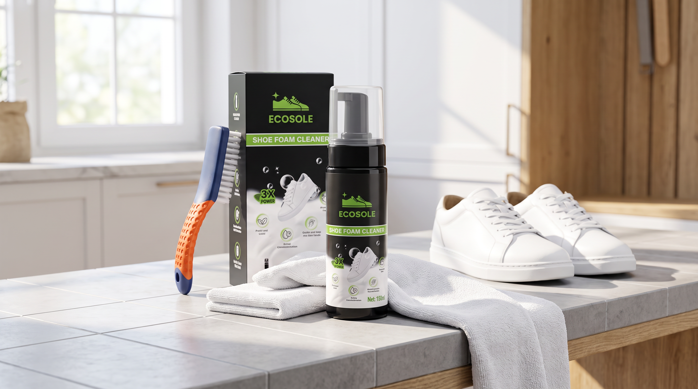 ECOSOLE waterless shoe cleaning foam kit with brush and microfiber cloth